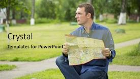  Presentation with city map - Audience pleasing slide deck consisting of circuit touristique - young male tourist with map backdrop and a yellow colored foreground