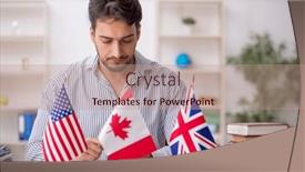  Presentation with translator - PPT theme enhanced with young-male-translator-sitting background and a coral colored foreground