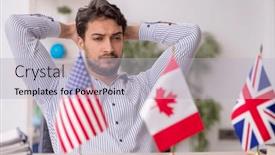  Presentation with translator - Presentation theme with young-male-translator-sitting background and a light blue colored foreground