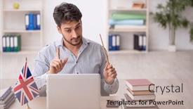  Presentation with translator - Slide deck enhanced with young-male-translator-sitting background and a mint green colored foreground