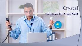  Presentation with travel - Presentation theme featuring young male travel agent working in the office background and a sky blue colored foreground