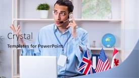  Presentation with travel - Theme enhanced with young-male-travel-agent-working background and a light blue colored foreground