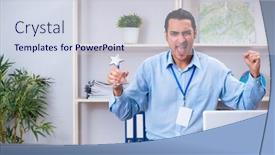  Presentation with travel - Cool new PPT theme with young-male-travel-agent-working backdrop and a sky blue colored foreground