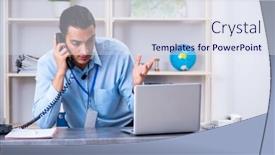  Presentation with travel - Theme enhanced with young-male-travel-agent-working background and a sky blue colored foreground