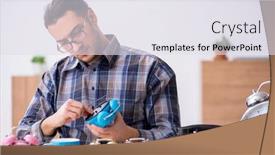  Presentation with workshop - Cool new PPT theme with young-male-watchmaker-working backdrop and a sky blue colored foreground