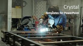  Presentation with industrial machine - Presentation theme with young-male-welder-in-protective background and a gray colored foreground