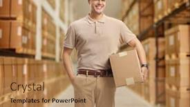  Presentation with storage - Amazing slide deck having young male worker holding a package in a storage backdrop and a coral colored foreground