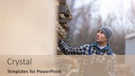  Presentation with warehouse - Audience pleasing presentation design consisting of young-male-worker-in-timber backdrop and a soft green colored foreground