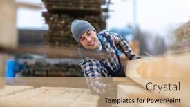  Presentation with warehouse - Presentation theme featuring young-male-worker-in-timber background and a coral colored foreground