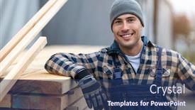  Presentation with warehouse - Cool new presentation theme with young-male-worker-in-timber backdrop and a ocean colored foreground