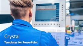  Presentation with factory machine - Cool new slide deck with young-male-worker-programming-lathe backdrop and a cobalt blue colored foreground