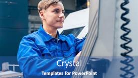  Presentation with factory machine - Presentation design with young-male-worker-programming-lathe background and a ocean colored foreground