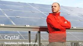  Presentation with solar panels - Audience pleasing presentation design consisting of young male worker with solar backdrop and a  colored foreground