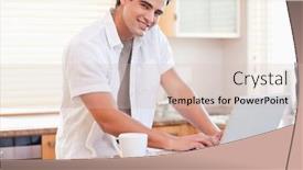  Presentation with social isolation - PPT layouts with young male working on his laptop in the kitchen working from home in quarantine lockdown social distancing self isolation background and a lemonade colored foreground