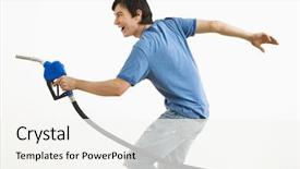  Presentation with asian - Audience pleasing PPT layouts consisting of young man aiming gasoline pump backdrop and a sky blue colored foreground