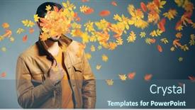  Presentation with falling leaves - Presentation design with young man and falling autumn leaves on gray background background and a ocean colored foreground
