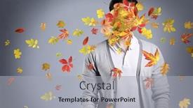  Presentation with falling leaves - PPT theme having young man and falling autumn leaves on gray background background and a light gray colored foreground