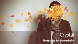  Presentation with falling leaves - Presentation theme having young man and falling autumn leaves on gray background background and a tawny brown colored foreground