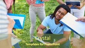  Presentation with strategy - PPT layouts having young-man-and-friends-discuss background and a tawny brown colored foreground