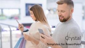  Presentation with scrolling - Cool new PPT layouts with young man and his girlfriend with smartphones scrolling through online offers and comparing their prices with those in the mall backdrop and a coral colored foreground