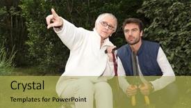  Presentation with older woman - PPT theme featuring young man and older woman in garden background and a yellow colored foreground