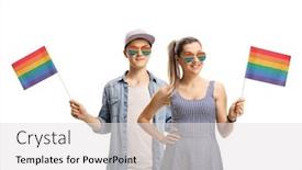  Presentation with rainbow - Cool new slide set with young-man-and-woman-activists backdrop and a light gray colored foreground