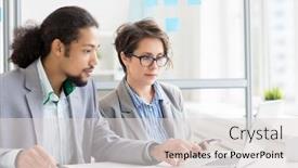  Presentation with information - Slide deck with young man and woman analyzing online information by workplace background and a light gray colored foreground