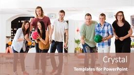  Presentation with bowling - PPT theme featuring young man and woman bowling while friends motivating in club background and a coral colored foreground
