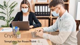  Presentation with medical business - PPT theme featuring young-man-and-woman-business background and a coral colored foreground