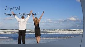  Presentation with romantic beach - Cool new PPT layouts with young-man-and-woman-celebrating backdrop and a light blue colored foreground