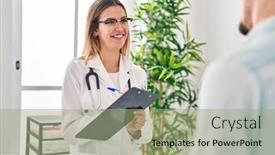  Presentation with doctor and patient medical consultation - Slide deck having young-man-and-woman-doctor background and a mint green colored foreground