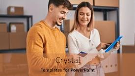  Presentation with office workers - PPT theme enhanced with young-man-and-woman-ecommerce background and a coral colored foreground