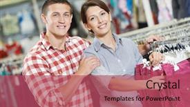  Presentation with family shopping - Presentation consisting of young man and woman family choosing outerwear during clothing shopping at supermarket store background and a red colored foreground