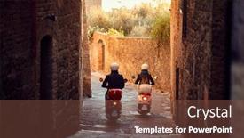  Presentation with bikers - PPT theme enhanced with young man and woman riding motor scooter on city bikers on the road background and a tawny brown colored foreground