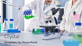  Presentation with liquid - Presentation theme with young-man-and-woman-scientists background and a light blue colored foreground