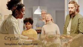 Presentation with snacks - Presentation theme featuring young-man-and-woman-serving background and a coral colored foreground