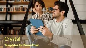  Presentation with digital library - PPT theme enhanced with young-man-and-woman-students background and a tawny brown colored foreground