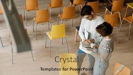  Presentation with college - Presentation theme featuring young-man-and-woman-students background and a coral colored foreground