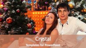  Presentation with white snow - Slide set with young man and woman wearing white shirts sit near green trees in snow with christmas balls background and a coral colored foreground