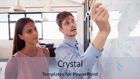  Presentation with whiteboard - Presentation design featuring young man and woman work at whiteboard in office close up background and a light blue colored foreground