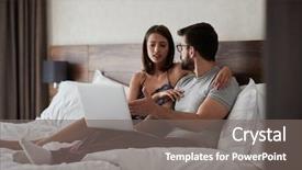  Presentation with young man holdng laptop on lap money - Colorful slides enhanced with young man and woman working backdrop and a gray colored foreground