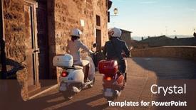  Presentation with bikers - Audience pleasing PPT theme consisting of young man and woman on vespa scooter bikers couple backdrop and a tawny brown colored foreground