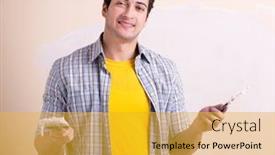  Presentation with plaster - Slide set featuring young man applying plaster on wall at home background and a gold colored foreground