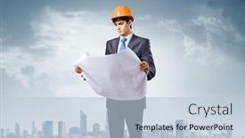  Presentation with project - Presentation theme with young man architect looking at construction project background and a lemonade colored foreground