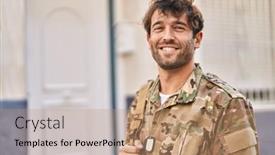  Presentation with army - Presentation theme consisting of young-man-army-soldier-smiling background and a coral colored foreground