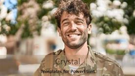  Presentation with army - Slide set featuring young-man-army-soldier-smiling background and a coral colored foreground