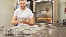 Presentation with cake bundt - Slides having young-man-as-a-baker background and a coral colored foreground