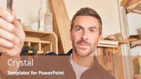  Presentation with craftsman - PPT theme having young man as a craftsman with tool in his joiner or carpenter workshop background and a coral colored foreground