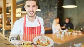  Presentation with appetizers - Presentation design consisting of young-man-as-a-friendly background and a coral colored foreground