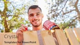  Presentation with handyman - Slide set with young-man-as-a-handyman background and a coral colored foreground